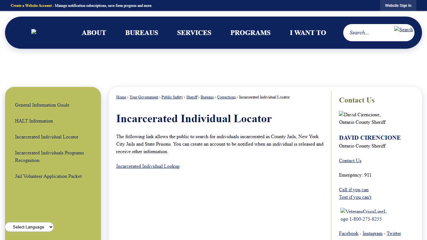 Incarcerated Individual Locator | Ontario County, NY - Official Website